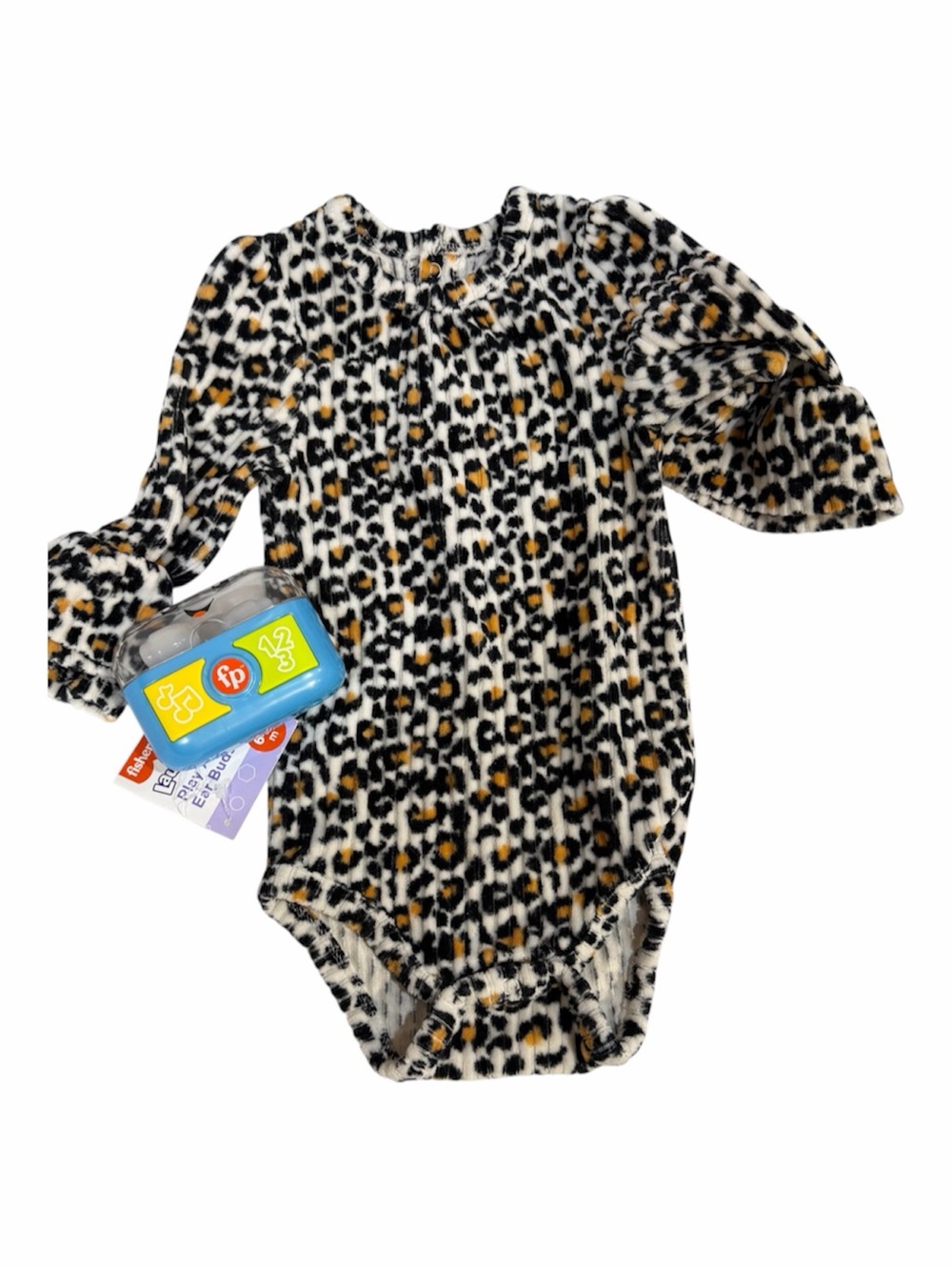Leopard Long-Sleeve One-Piece Bodysuit 18mo AND Fisher Price earbud toy NWT